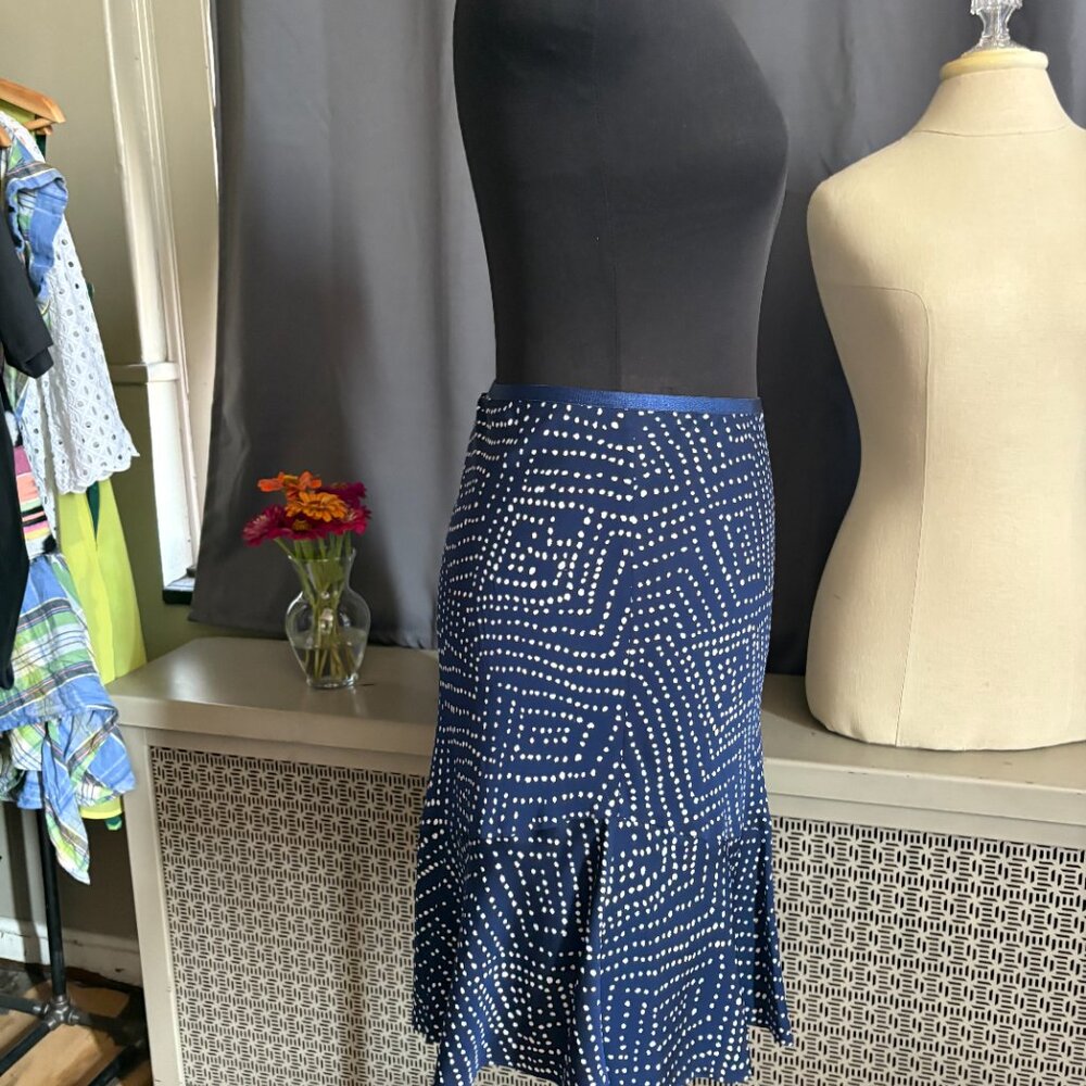 Diane Von Furstenberg DVF Polka Dotted Silk A Line Ruffled Skirt Size 6 Navy - Picture 2 of 10